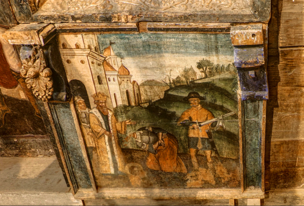 Сцена страти катом Святого Юрія з іконостаса (XVII ст.) у церкви Святого Юрія у Дрогобичі. Вочевидь, тут художник зобразив саме Дрогобич