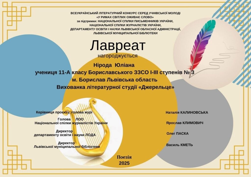 Відзнака лавреатки Юліани Ніроди